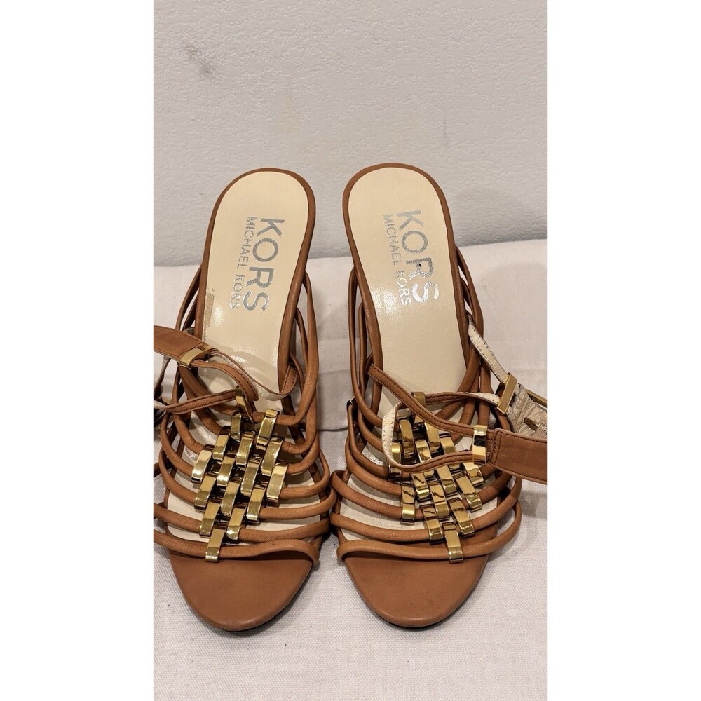 Michael Kors‎ Wedge Sandals Size 8 Brown Leather Strappy Gold Accent Heels